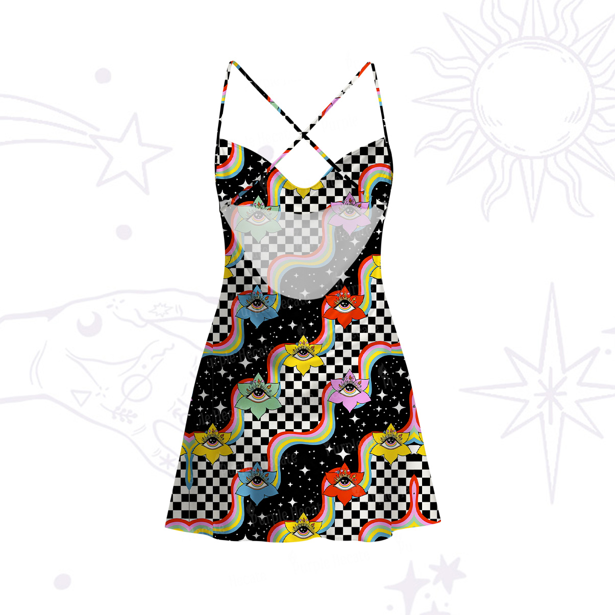 Purplehecate Enchanted Eye Blossom Satin Cross Back Mini Dress