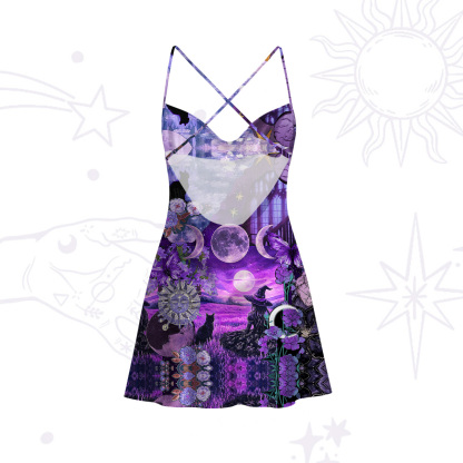 Purplehecate Witchy Black Cat Moon Satin Cross Back Mini Dress