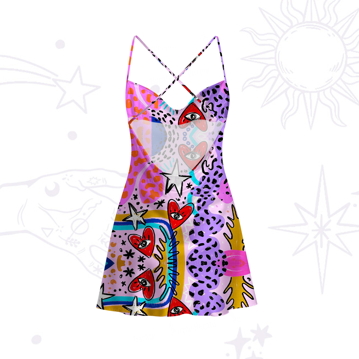 Purplehecate Cosmic Love Eyes Graffiti Satin Cross Back Mini Dress