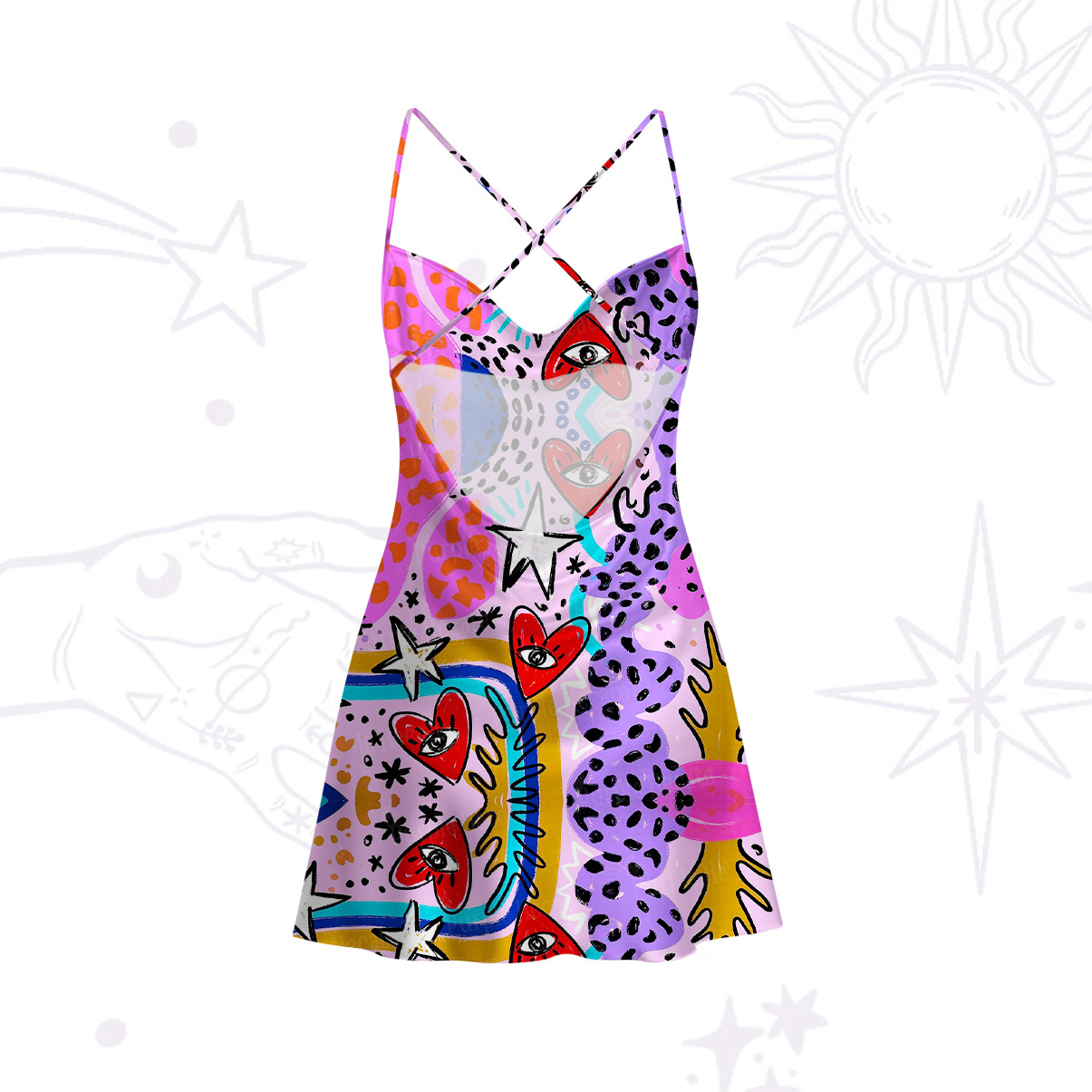 Purplehecate Cosmic Love Eyes Graffiti Satin Cross Back Mini Dress