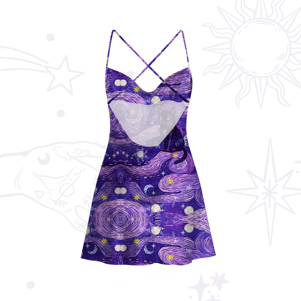 Purplehecate Mystic Cat Beneath the Cosmic Veil Satin Cross Back Mini Dress