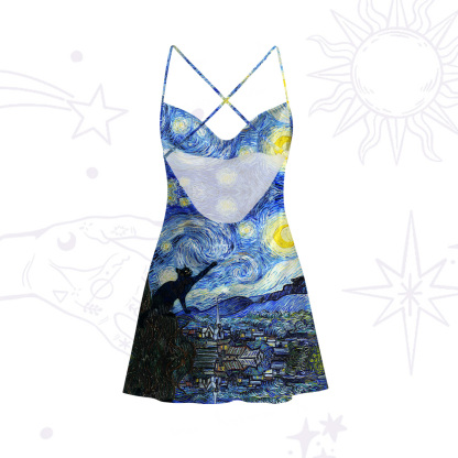 Purplehecate Witch Cat Under the Starry Night Satin Cross Back Mini Dress