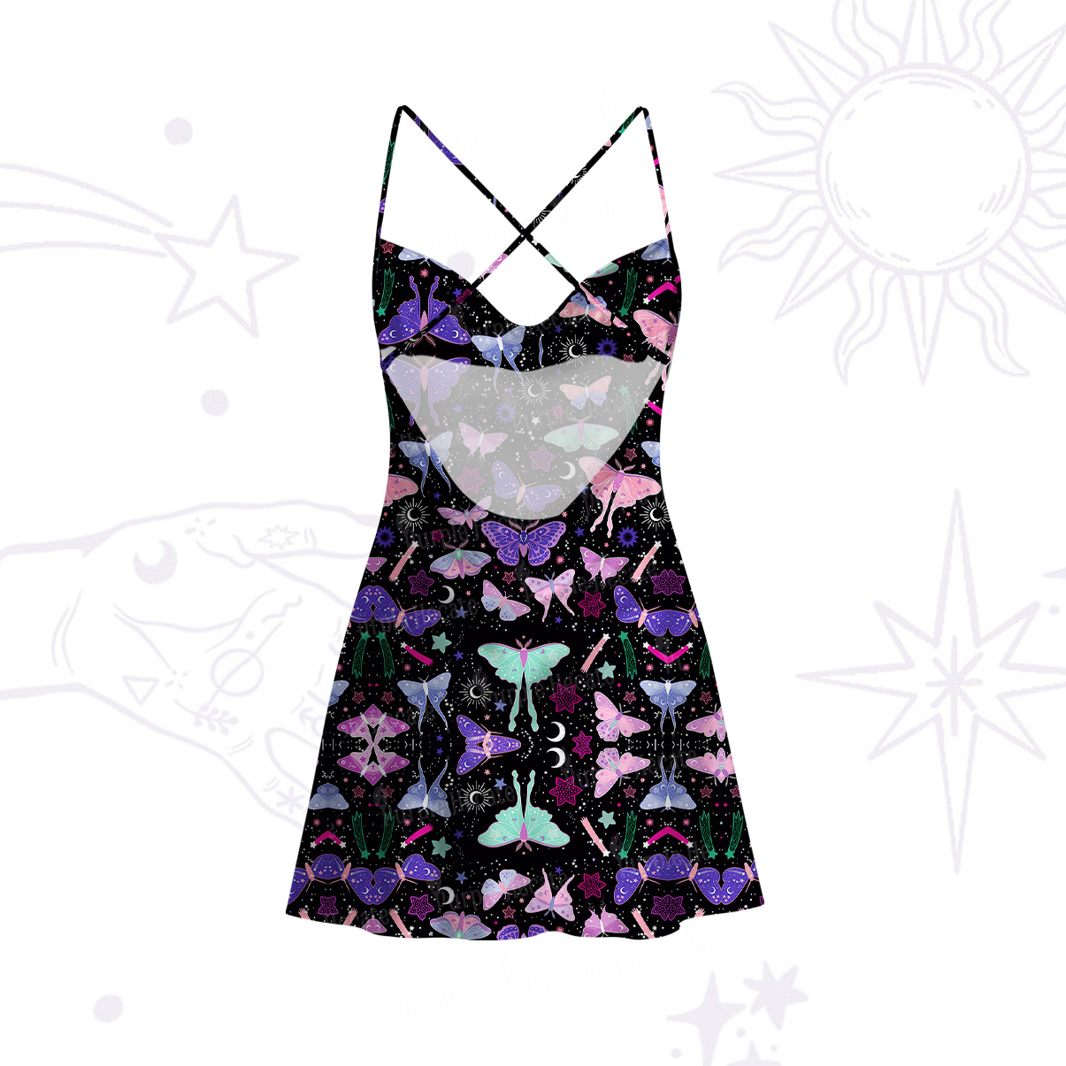 Purplehecate Midnight Moth Satin Cross Back Mini Dress