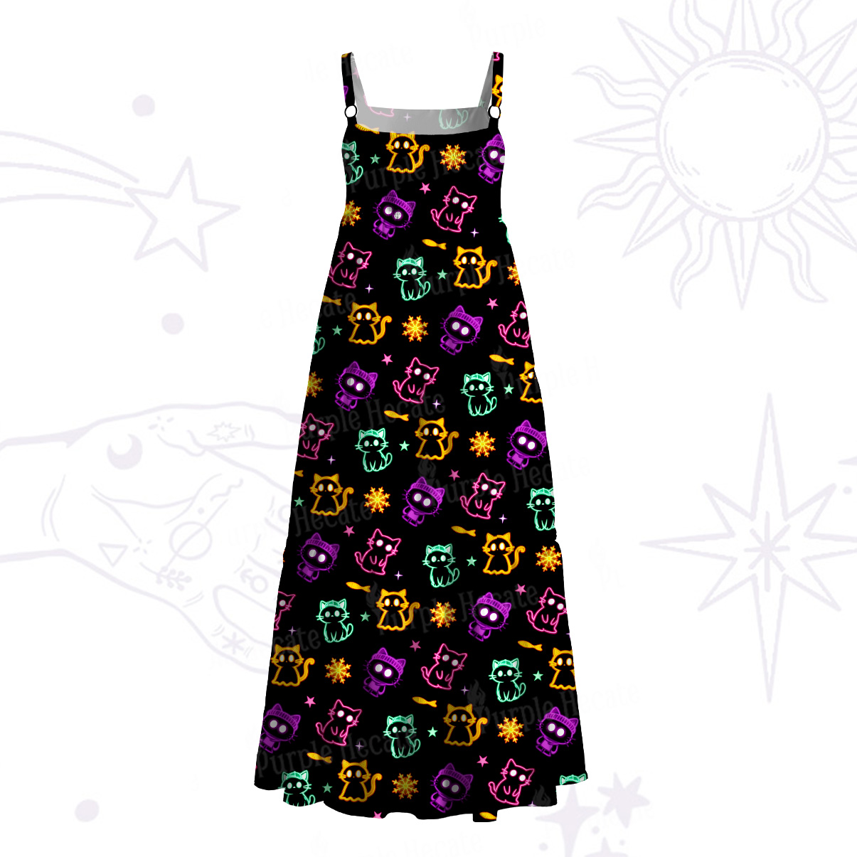 Purplehecate Neon Cat Party Wide Straps Maxi Dress