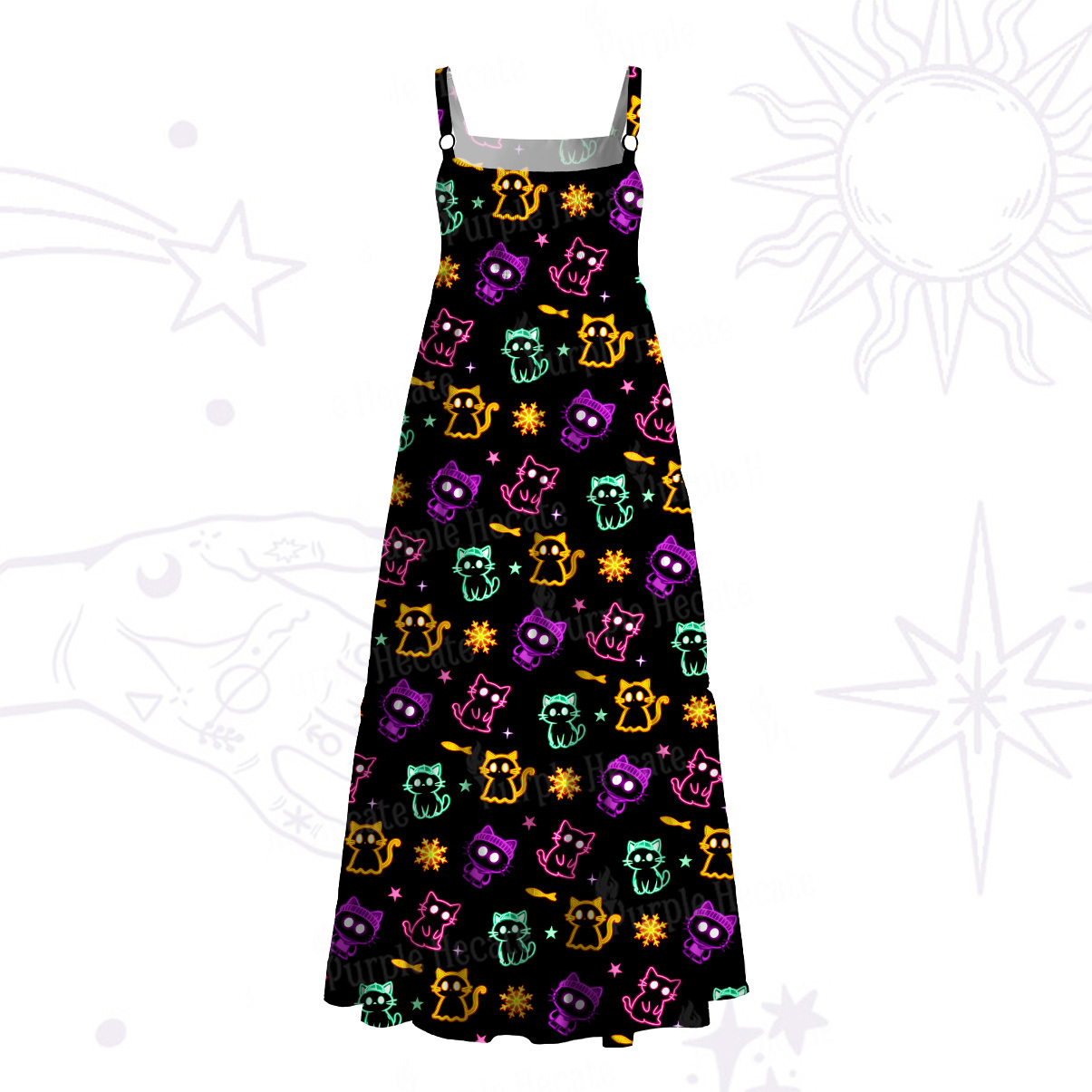 Purplehecate Neon Cat Party Wide Straps Maxi Dress