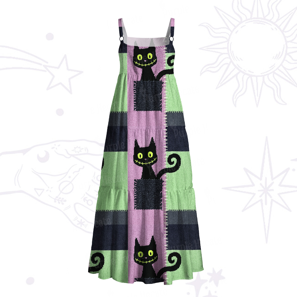 Purplehecate Monster Black Cat Wide Straps Maxi Dress