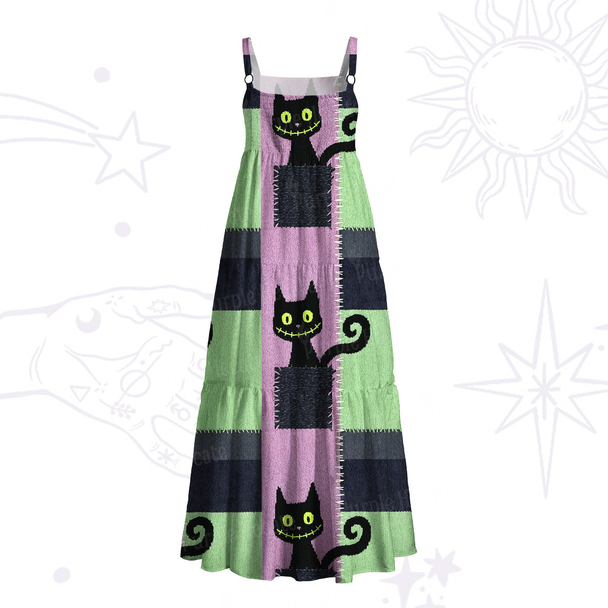 Purplehecate Monster Black Cat Wide Straps Maxi Dress