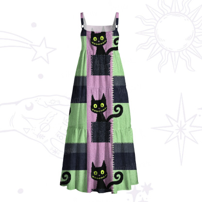 Purplehecate Monster Black Cat Wide Straps Maxi Dress