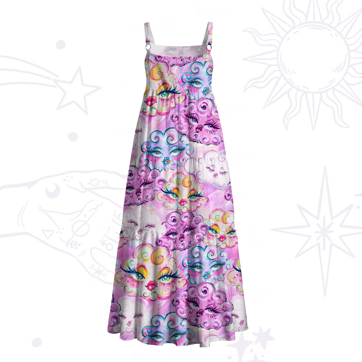 Purplehecate Dreamy Cloud Faces Wide Straps Maxi Dress
