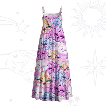 Purplehecate Dreamy Cloud Faces Wide Straps Maxi Dress