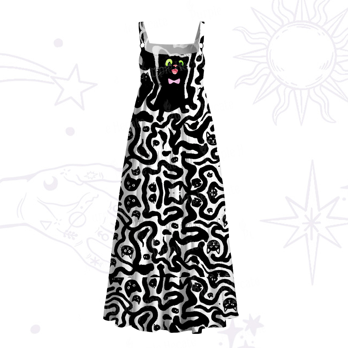 Purplehecate Whimsical Abstract Cat Wide Straps Maxi Dress