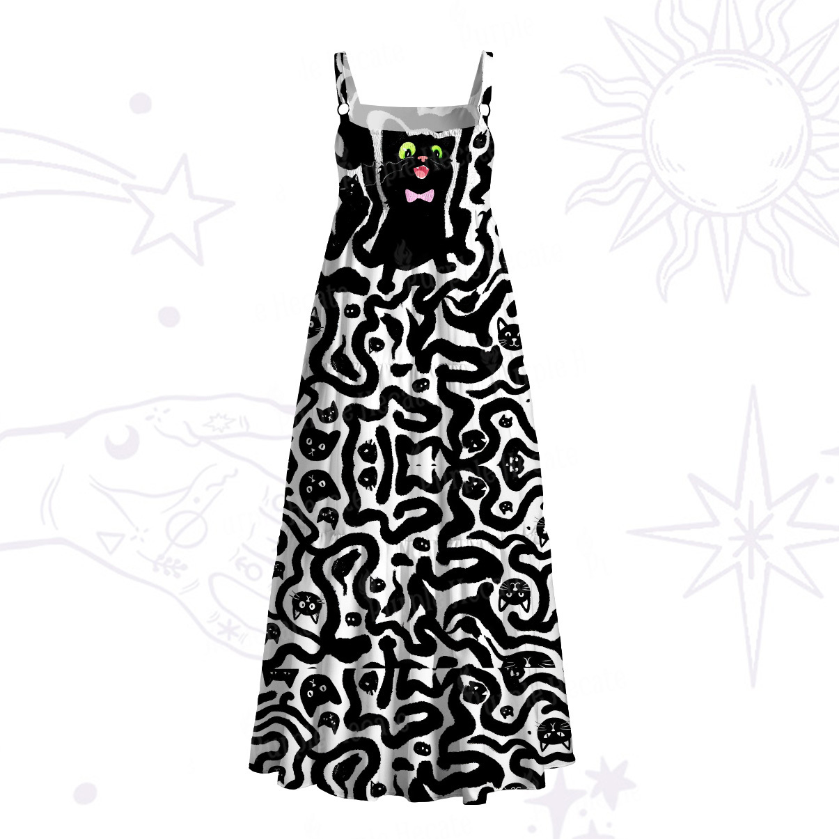 Purplehecate Whimsical Abstract Cat Wide Straps Maxi Dress