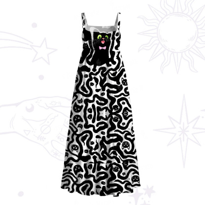Purplehecate Whimsical Abstract Cat Wide Straps Maxi Dress
