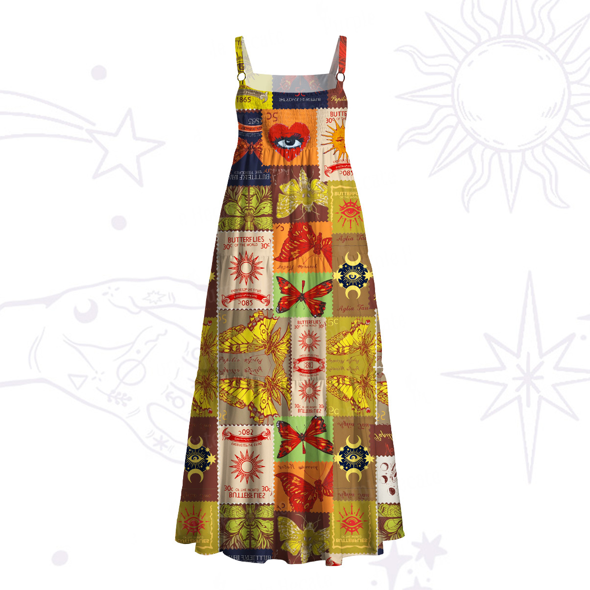 Purplehecate Butterfly Celestial Patchwork Wide Straps Maxi Dress