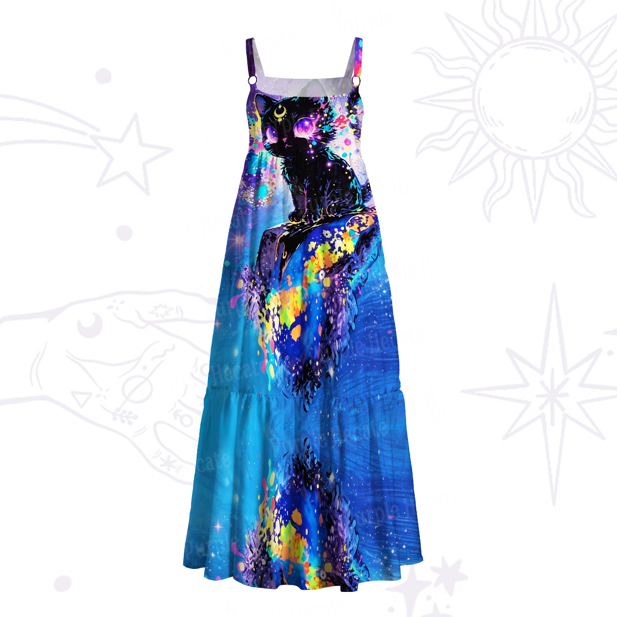 Purplehecate Neon Galaxy Cat Wide Straps Maxi Dress