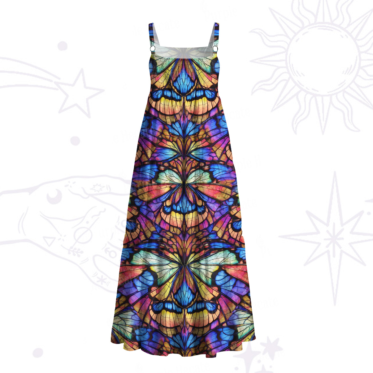 Purplehecate Colorful Butterfly Wing Pattern Wide Straps Maxi Dress