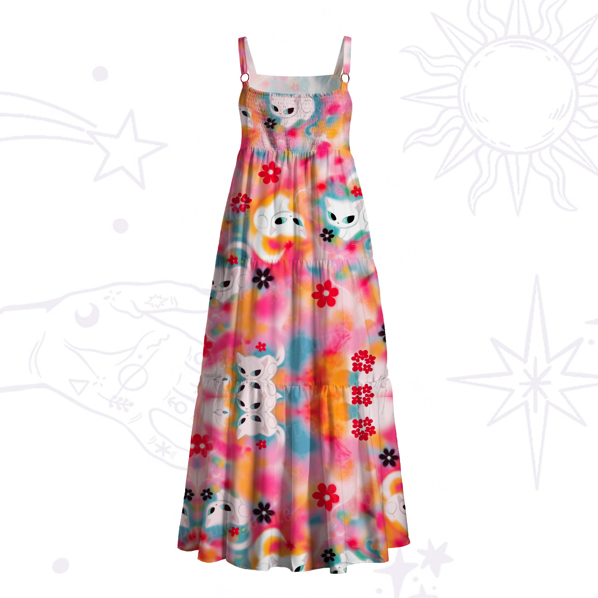 Purplehecate Color Splash Cat Wide Straps Maxi Dress
