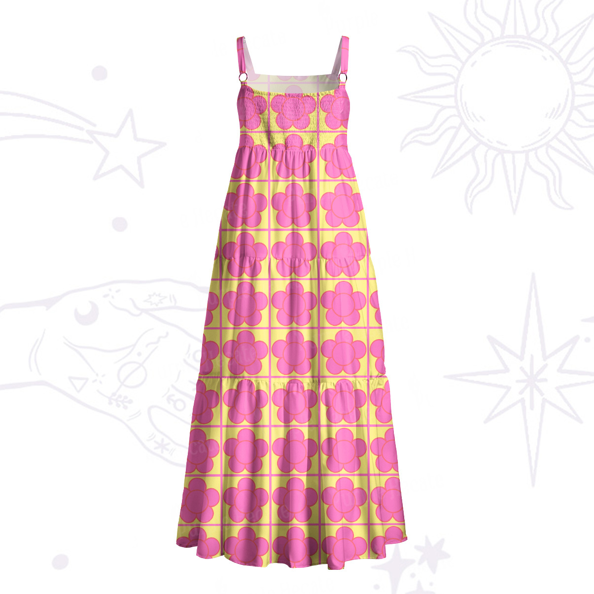 Purplehecate Bubble Flower Checkered Wide Straps Maxi Dress