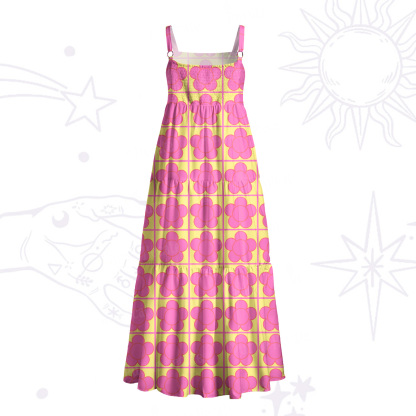 Purplehecate Bubble Flower Checkered Wide Straps Maxi Dress