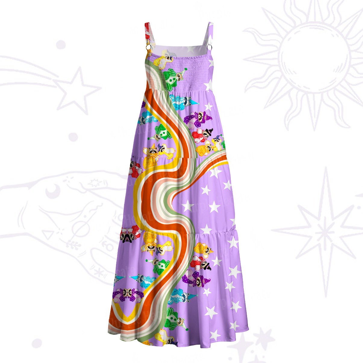 Purplehecate Rainbow Raccoon Star Wide Straps Maxi Dress
