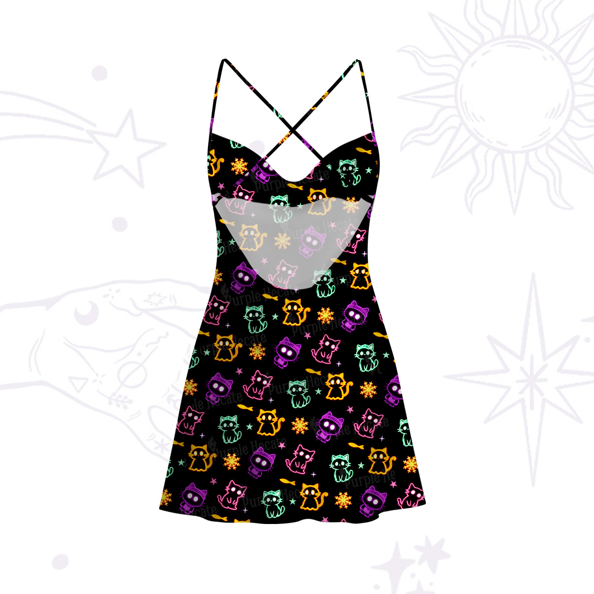 Purplehecate Neon Cat Party Satin Cross Back Mini Dress