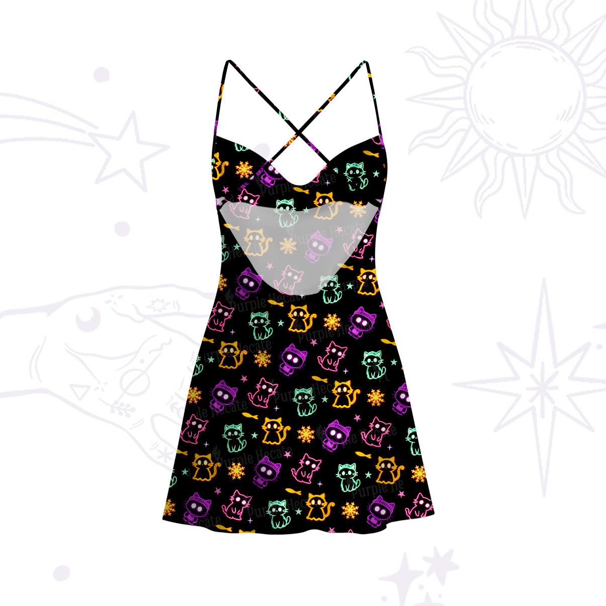 Purplehecate Neon Cat Party Satin Cross Back Mini Dress