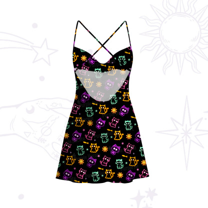 Purplehecate Neon Cat Party Satin Cross Back Mini Dress