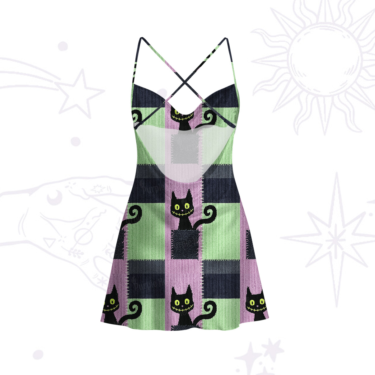 Purplehecate Monster Black Cat Satin Cross Back Mini Dress
