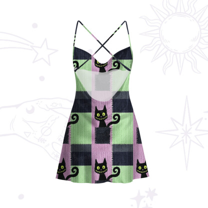Purplehecate Monster Black Cat Satin Cross Back Mini Dress