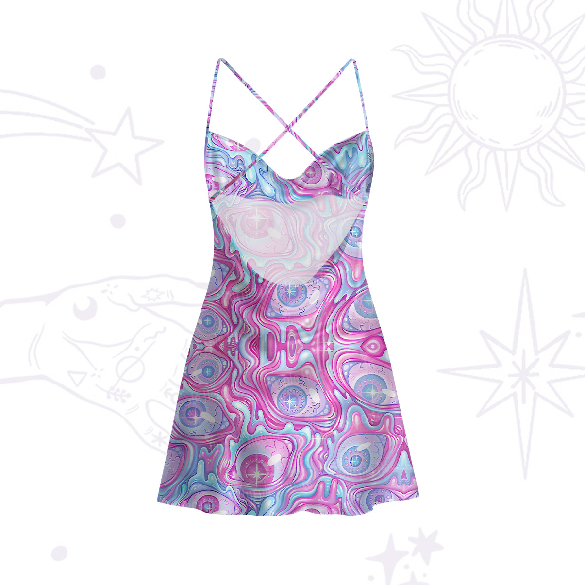 Purplehecate Pastel Flow Ocular Satin Cross Back Mini Dress