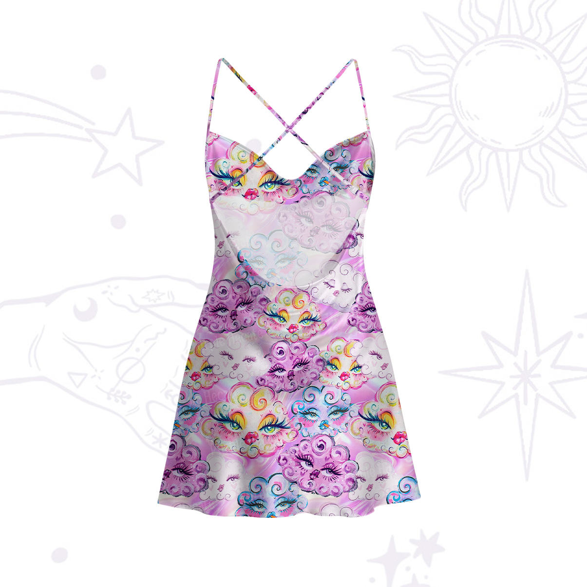 Purplehecate Dreamy Cloud Faces Satin Cross Back Mini Dress