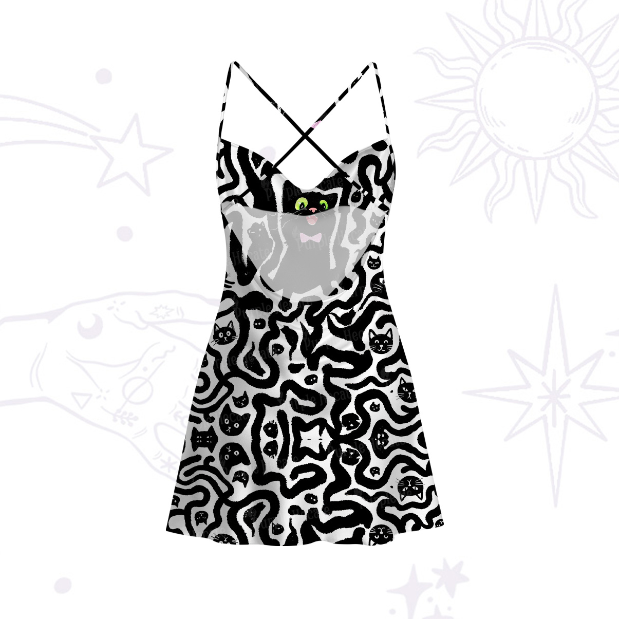 Purplehecate Whimsical Abstract Cat Satin Cross Back Mini Dress