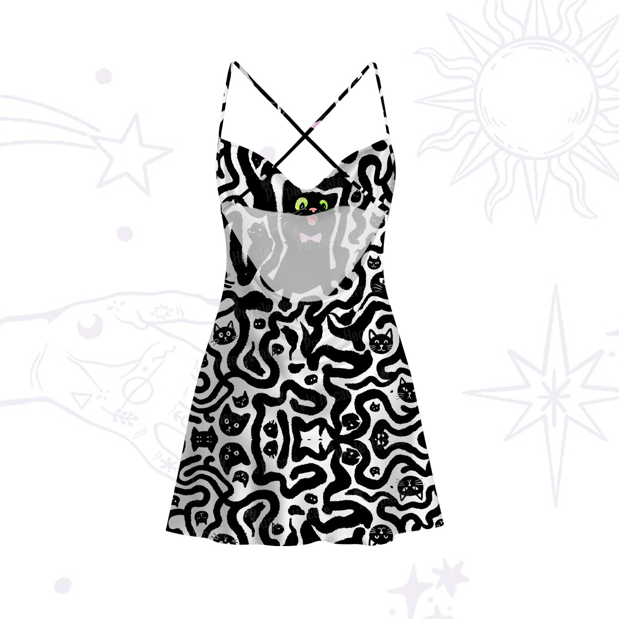 Purplehecate Whimsical Abstract Cat Satin Cross Back Mini Dress