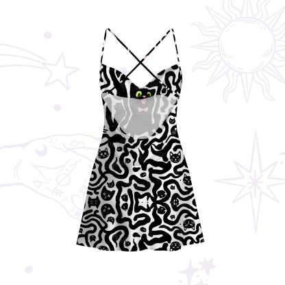 Purplehecate Whimsical Abstract Cat Satin Cross Back Mini Dress