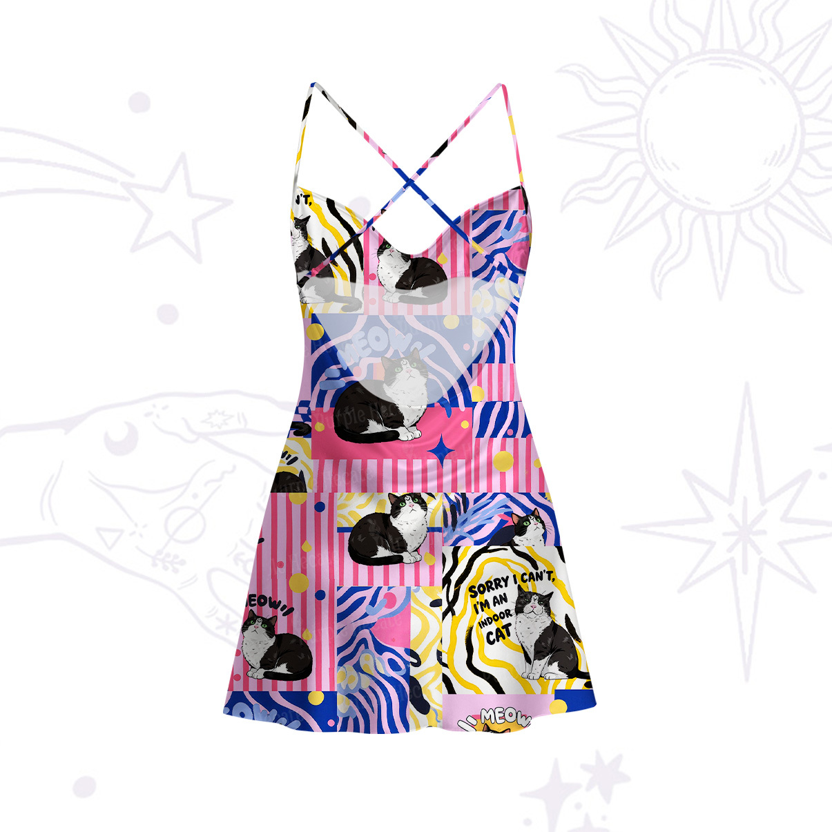 Purplehecate Sorry I Can't Go I'm an Indoor Cat Satin Cross Back Mini Dress