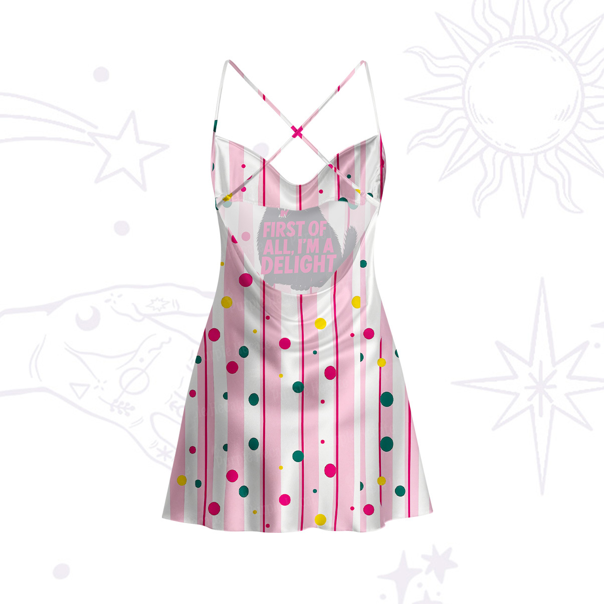 Purplehecate First Of All I'm A Delight Cat Satin Cross Back Mini Dress