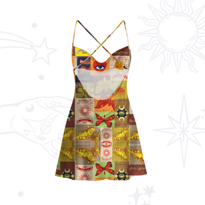 Purplehecate Butterfly Celestial Patchwork Satin Cross Back Mini Dress
