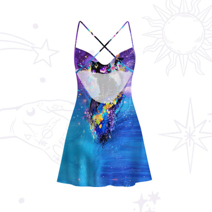 Purplehecate Neon Galaxy Cat Satin Cross Back Mini Dress