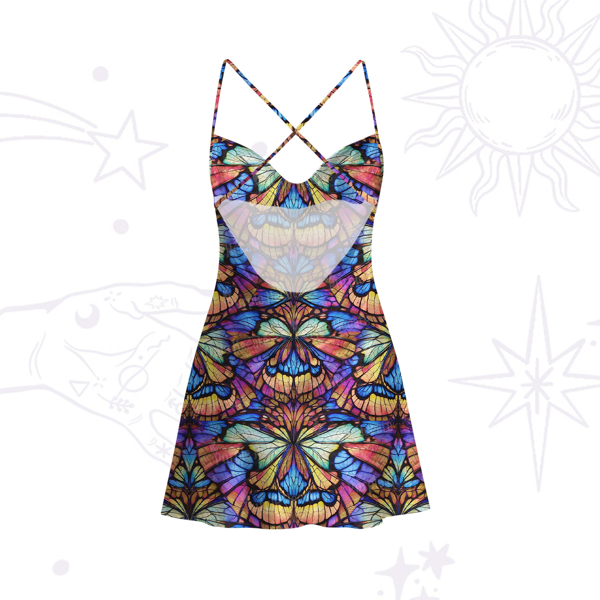 Purplehecate Colorful Butterfly Wing Pattern Satin Cross Back Mini Dress