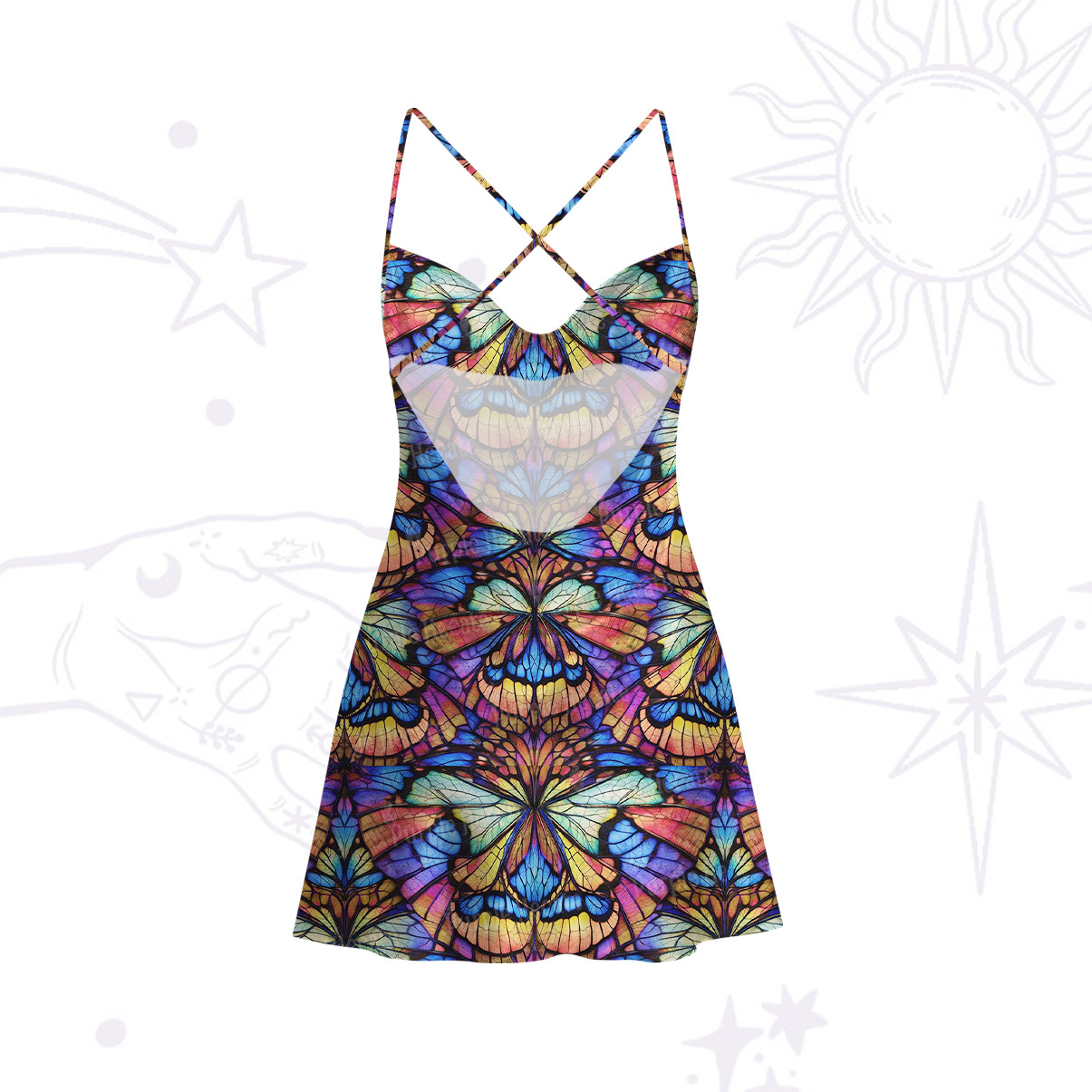 Purplehecate Colorful Butterfly Wing Pattern Satin Cross Back Mini Dress