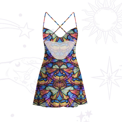 Purplehecate Colorful Butterfly Wing Pattern Satin Cross Back Mini Dress