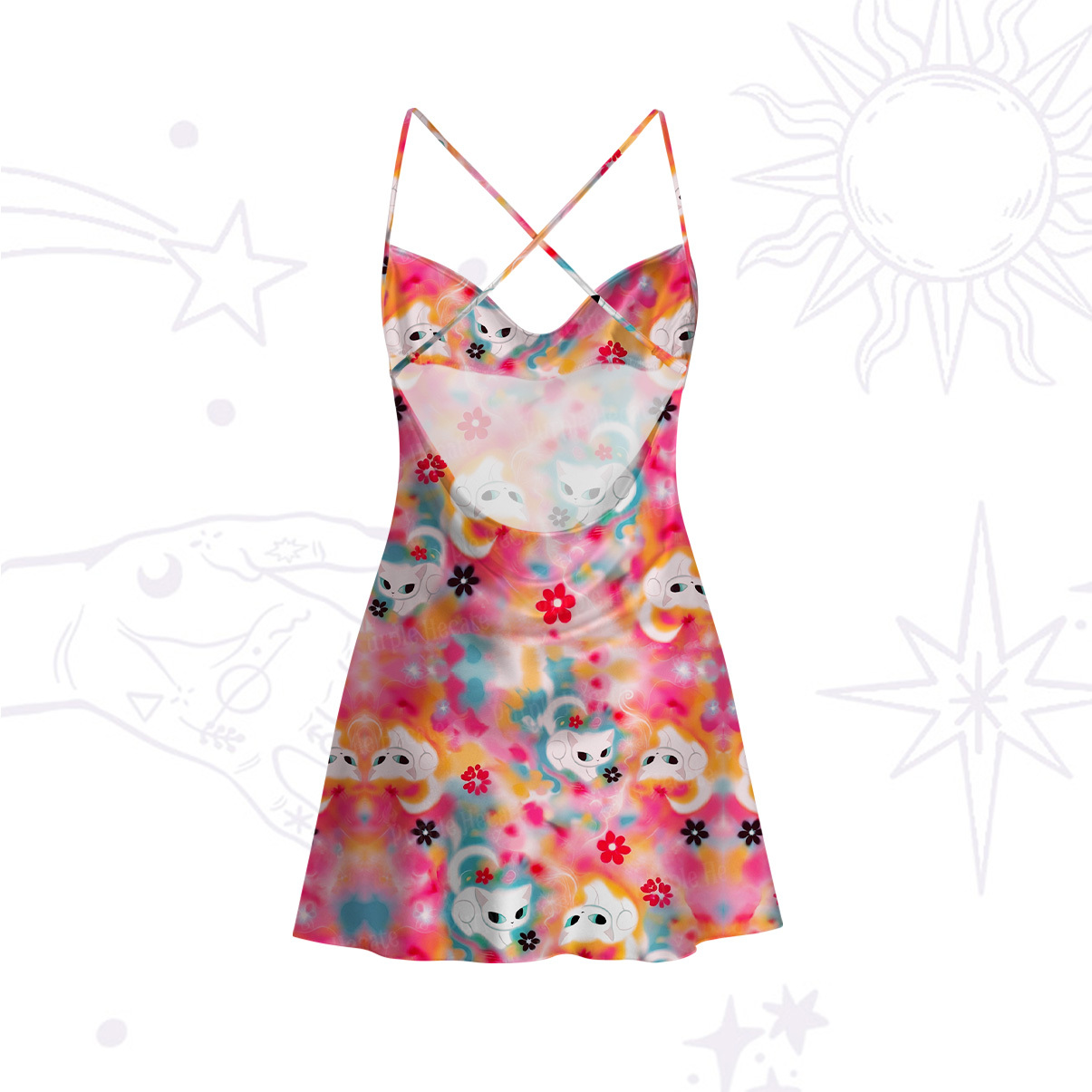 Purplehecate Color Splash Cat Satin Cross Back Mini Dress