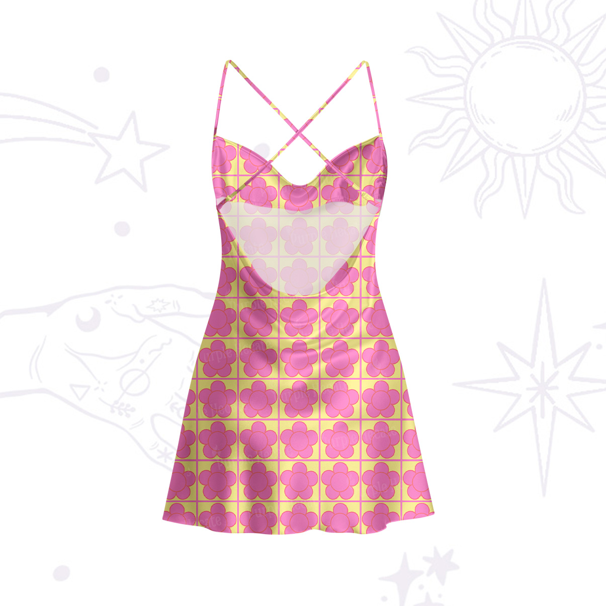 Purplehecate Bubble Flower Checkered Satin Cross Back Mini Dress
