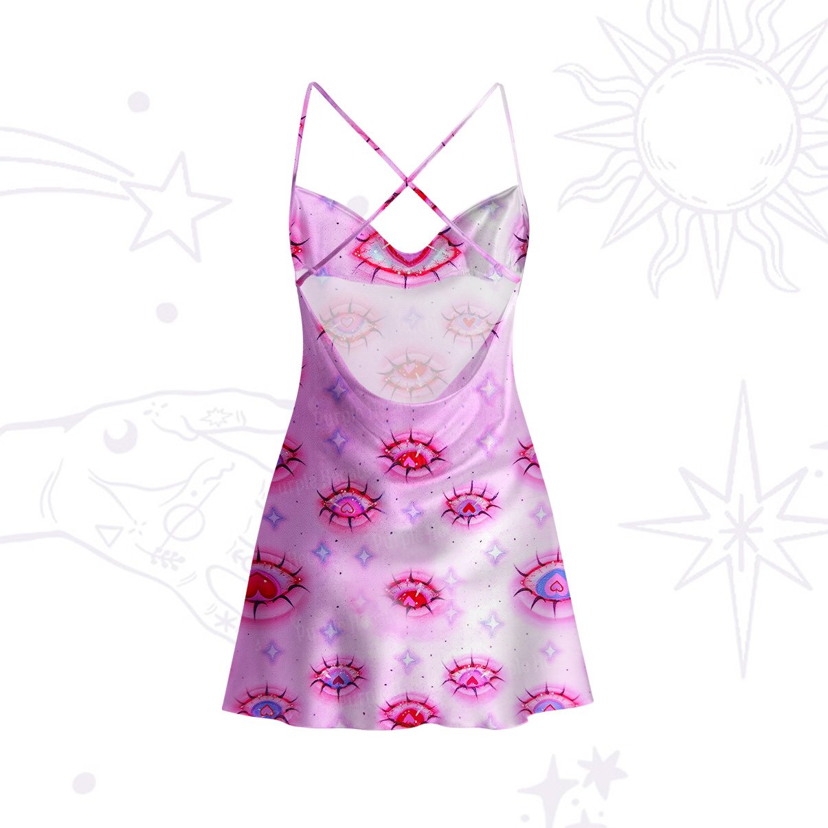 Purplehecate Mystic Love-Eye Satin Cross Back Mini Dress