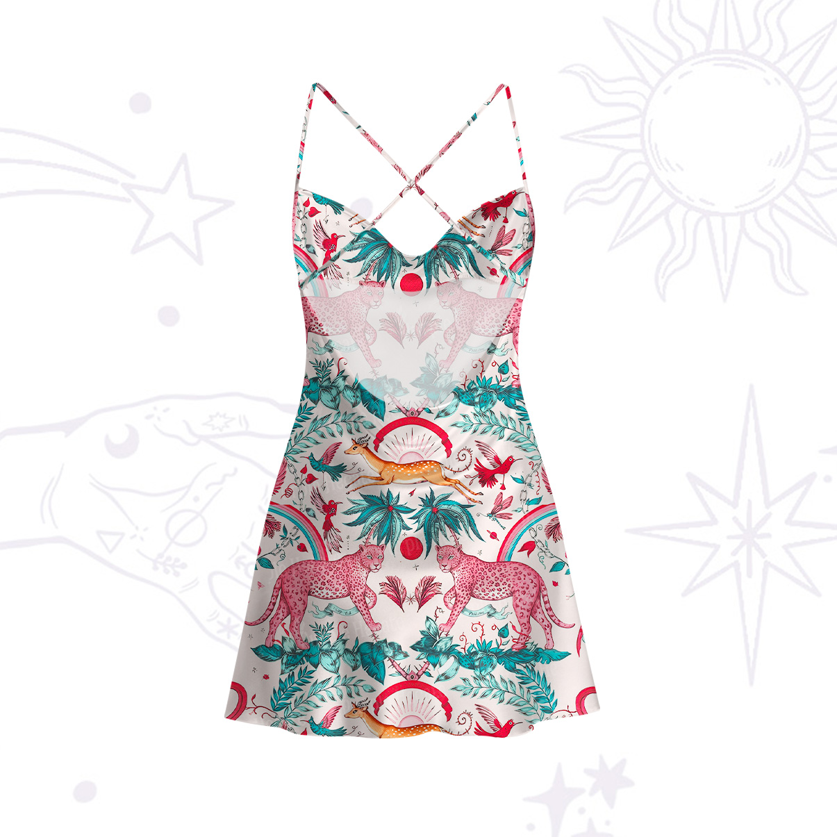 Purplehecate Enchanted Forest Pink Leopard Satin Cross Back Mini Dress