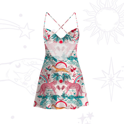 Purplehecate Enchanted Forest Pink Leopard Satin Cross Back Mini Dress