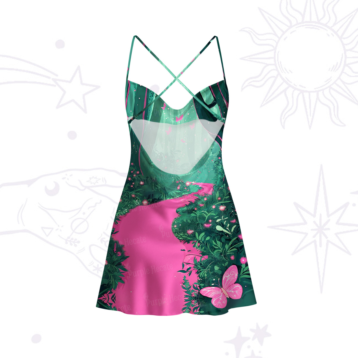 Purplehecate Witchy Forest Satin Cross Back Mini Dress