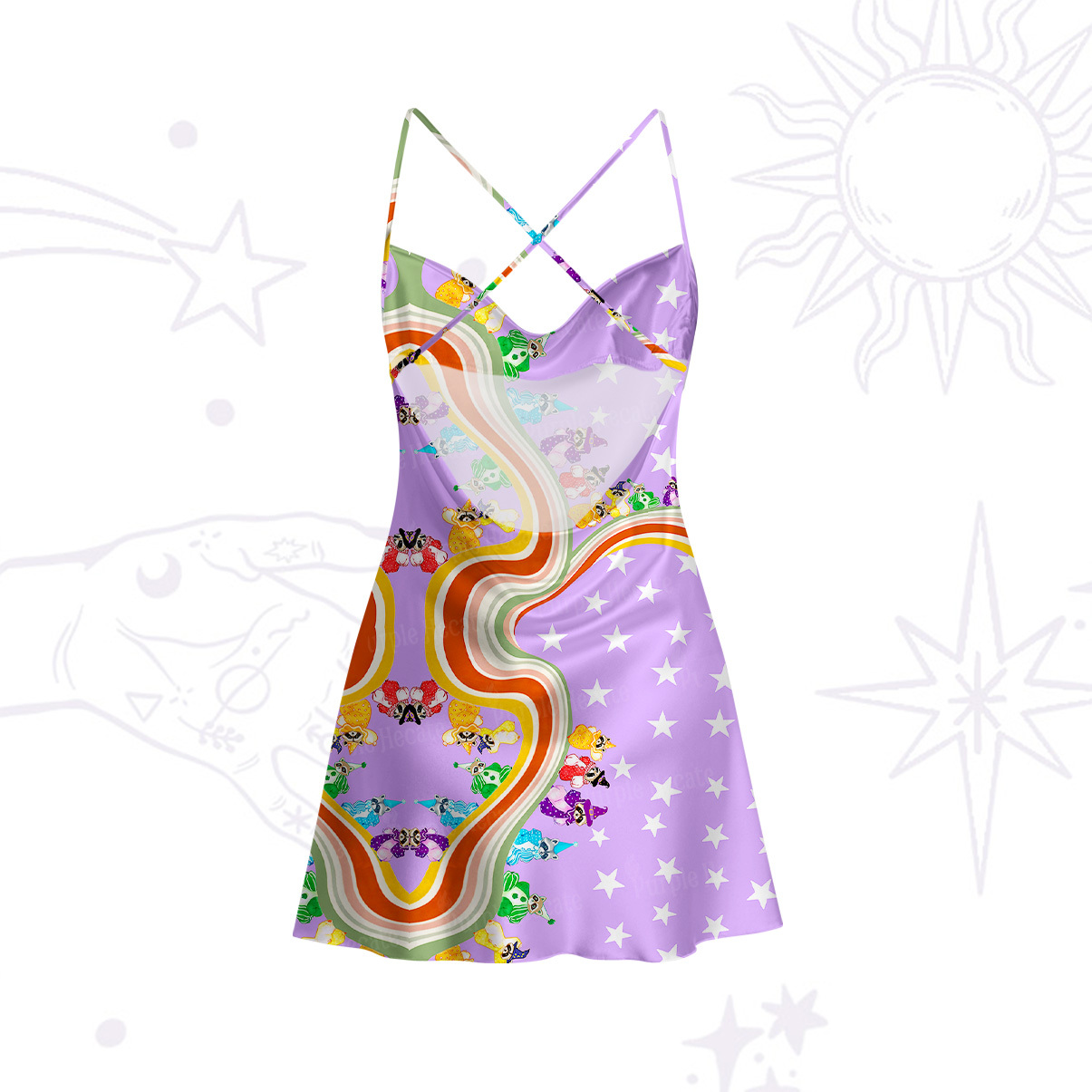 Purplehecate Rainbow Raccoon Star Satin Cross Back Mini Dress
