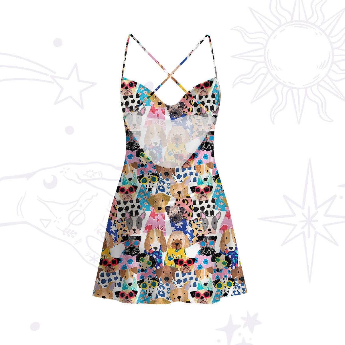 Purplehecate Puppy Parade Satin Cross Back Mini Dress