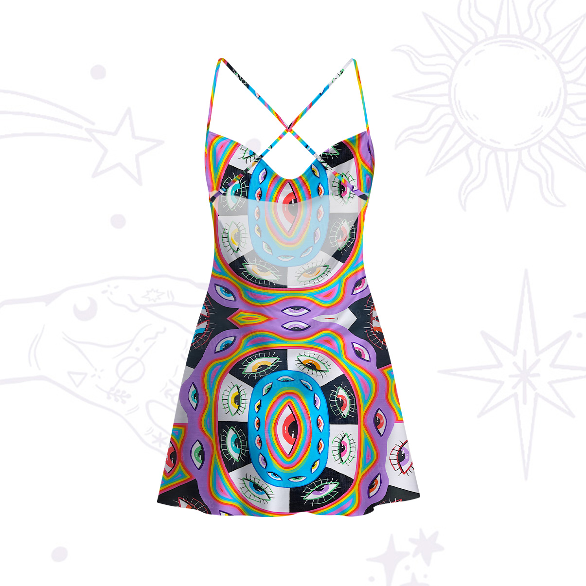 Purplehecate Chromatic Dreamwave Eye Satin Cross Back Mini Dress